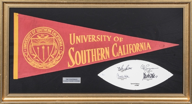 USC Football Pennant and Leather Panel Signed by 4 Heisman Winners With Garrett, Simpson, White & Allen in 19 x 35 Framed Display (JSA & PSA/DNA)